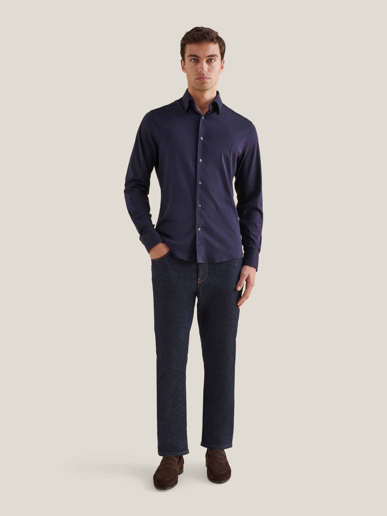Peckham Rye Jersey Hidden-Button Dark Sapphire Navy Shirt
